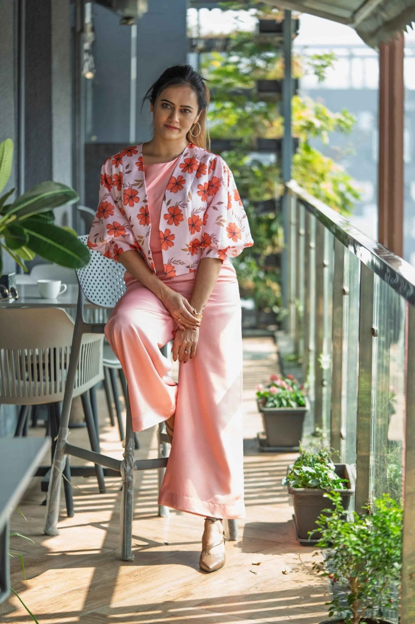Peach Blossom Duo – Satin Jumpsuit & Printed Jacket